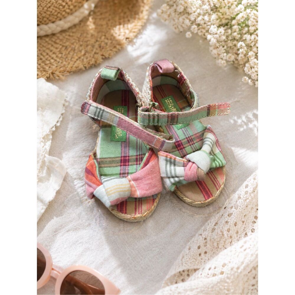 Gymboree Baby Girl Plaid Bow Sandals Size 2 Pink Green Open Toe Strap Shoes